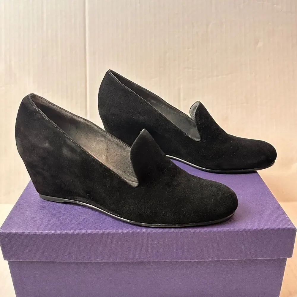 Stuart Weitzman Size 7.5 Black Suede Arise Wedge Heel Closed Toe Shoe Office